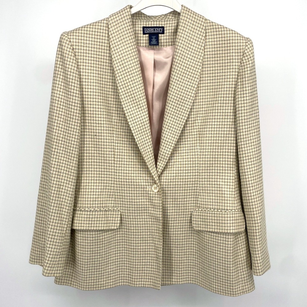 Lands End Silk Blend Women 's Houndstooth Blazer Jacket‎ Beige Grey Petite 12